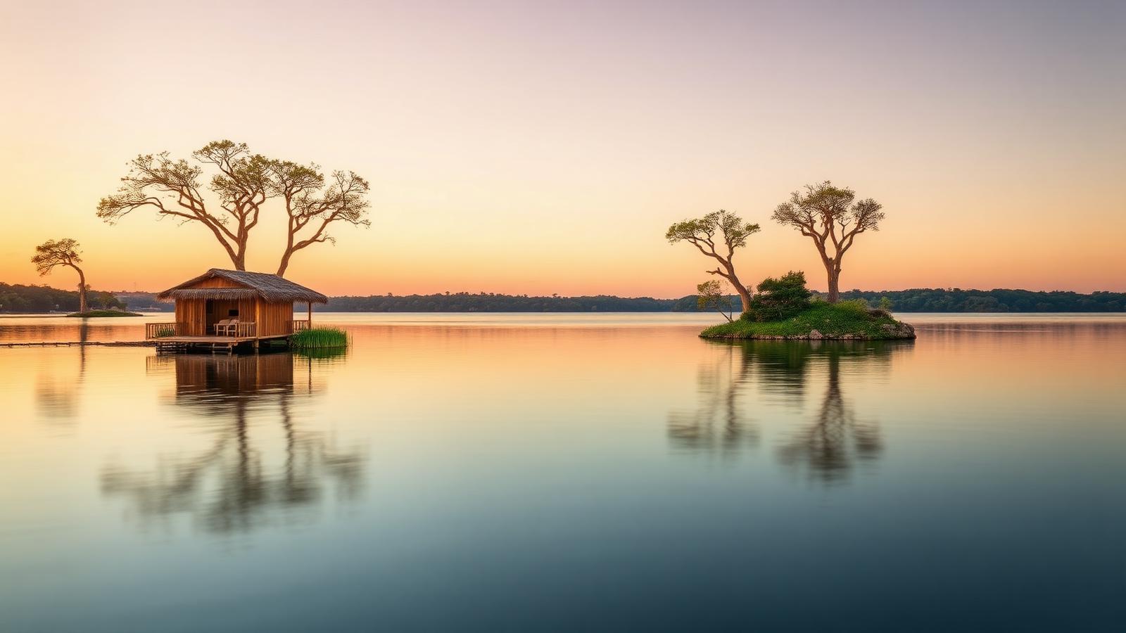 Calm Texas Hill Country lake at sunset with a private island cabana — a serene day-trip alternative near San Antonio