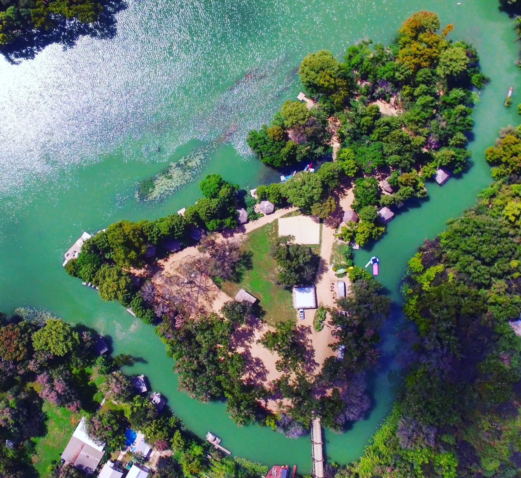 Aerial view of Son's Island on Lake Placid