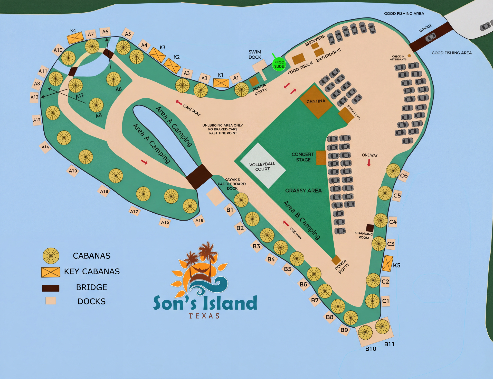 Son's Island map showing cabana locations, docks, amenities, and facilities
